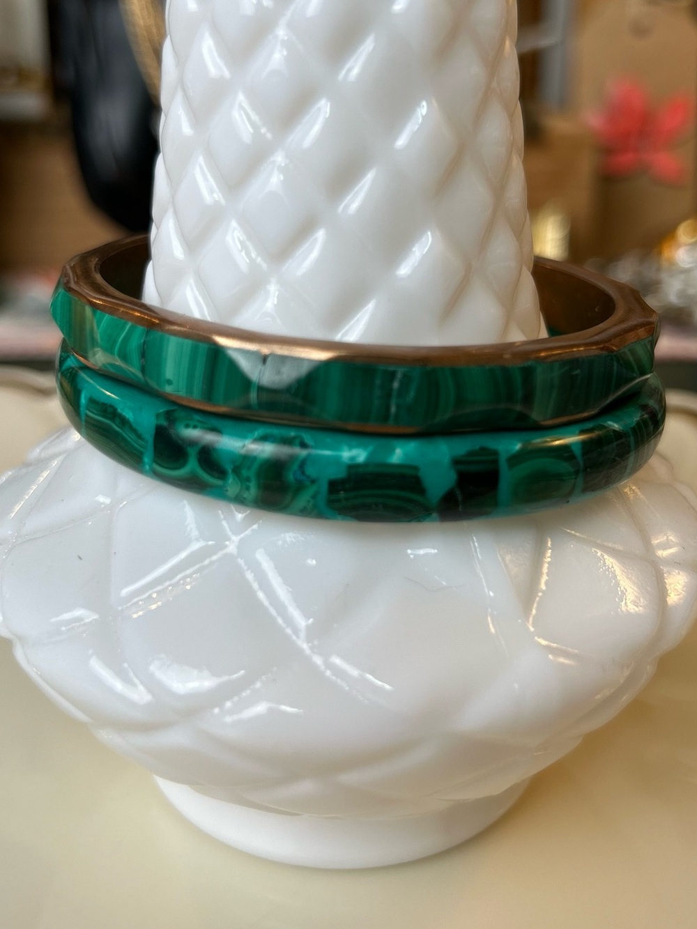 Vintage Malachite Bangle Stack Set - 2pc Continuous & Faceted Brass Boho Pair